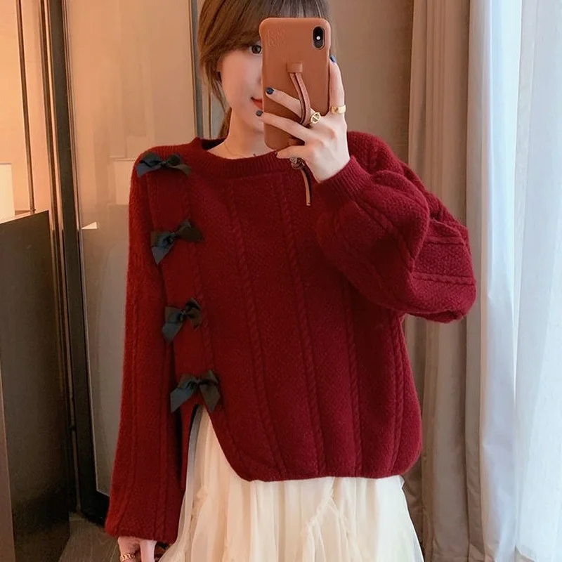 Pullovers Women S-3XL Bow Design Sweet Spring 4 Colors Split Chic Sweaters Cozy Colleges Cute Korean Style Gentle Mujer Simple