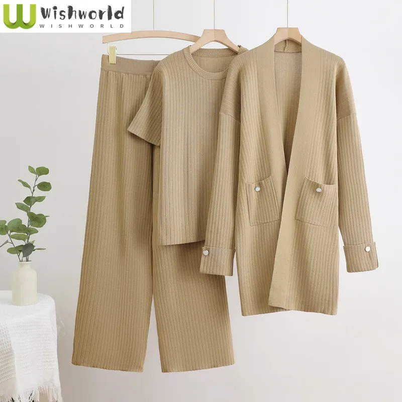 

Temperament Knitted Set Women's Autumn/Winter Short Sleeved Top Medium Length Cardigan Coat Wide Leg Pants 3-piece Set