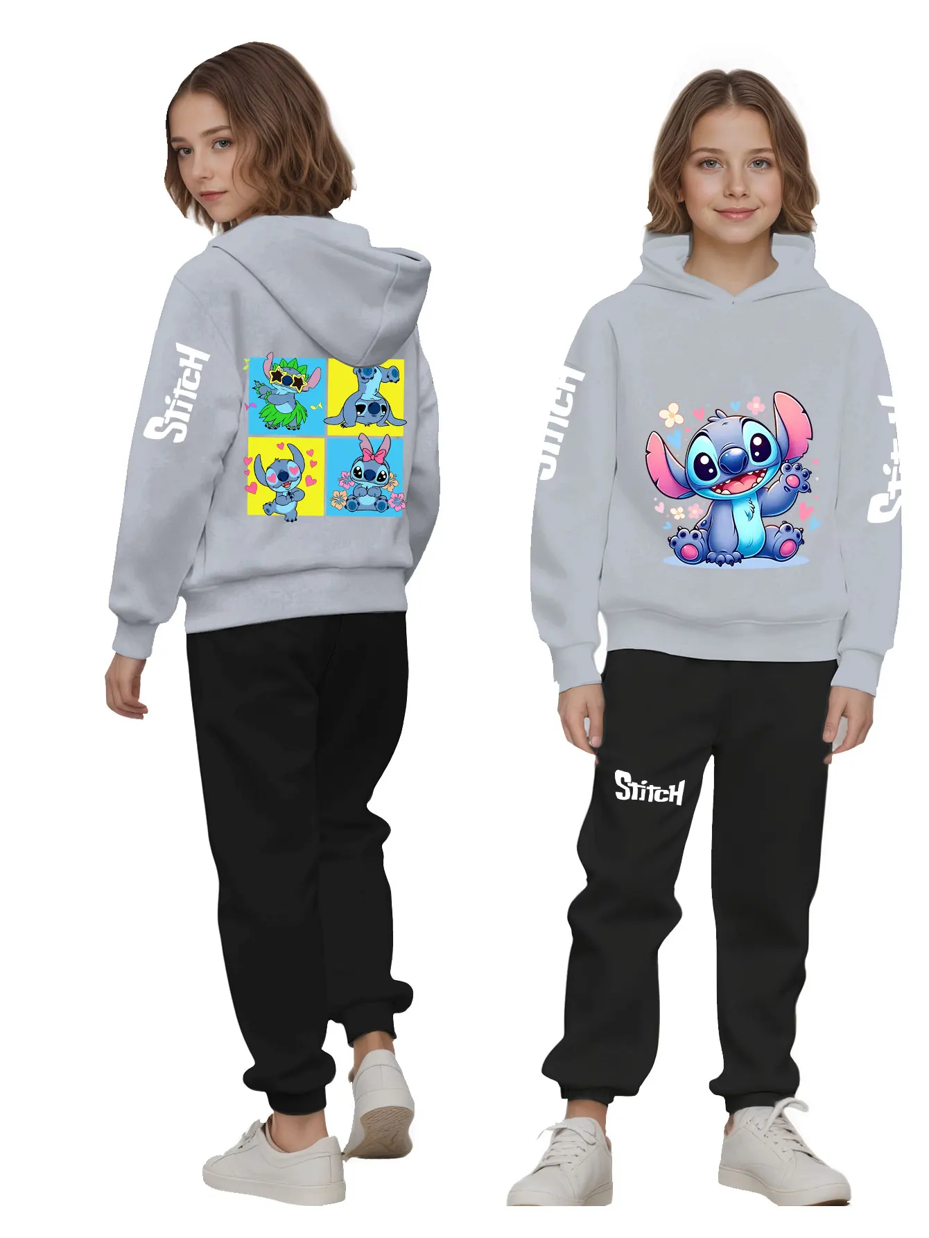 

Детский комплект с капюшоном и штанами Disney Stitch, повседневная осенне-зимняя спортивная одежда, подарок для мальчиков и девочек