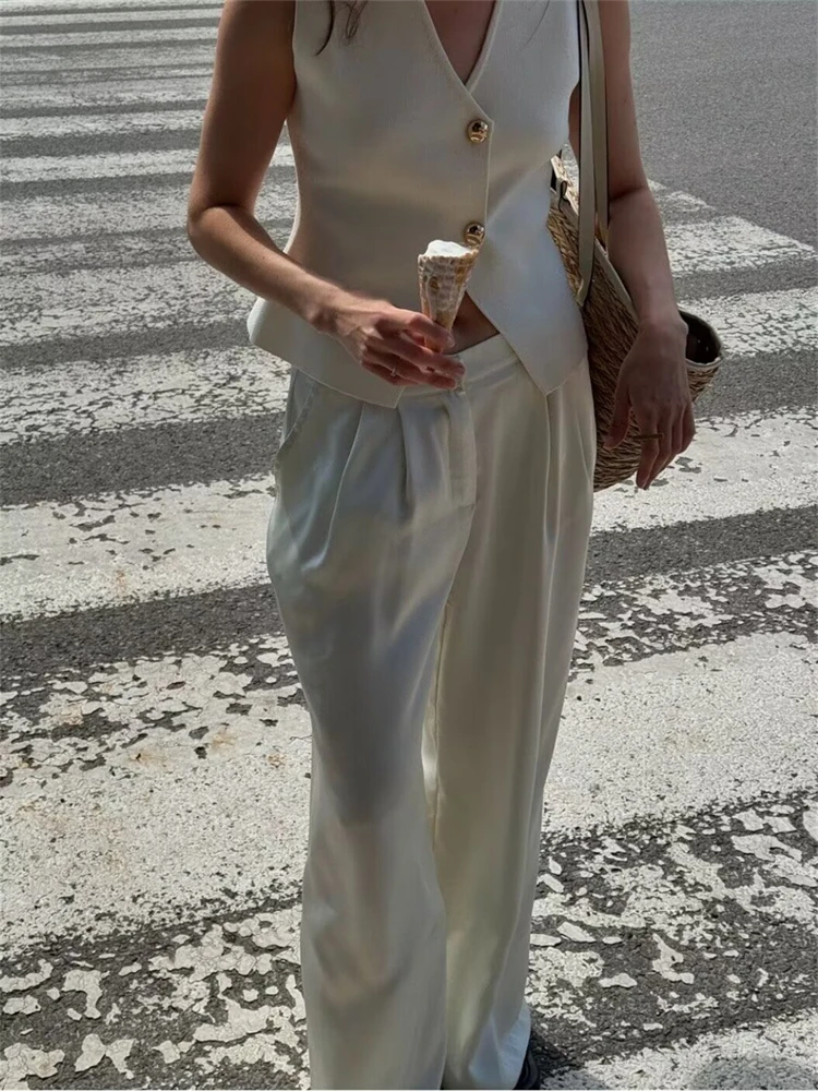 PB&ZA Women's 2024 Summer New Style Elegant V-neck Gold Button Sleeveless Tank Top/Knitted Skirt Set