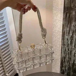 Caixa acrílica transparente diamante embreagem noite para mulheres, Boutique corda atada tecida, bolsa strass, bolsas para festa de casamento, Ins