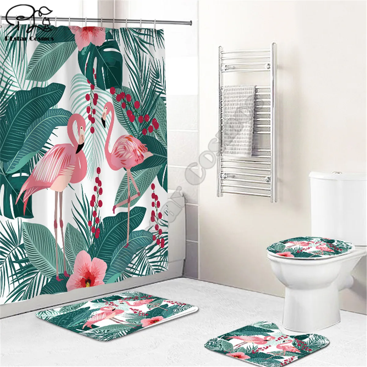 Flamingo/Duck Bathroom Set Together Shower Curtain Rug Set Bathroom Mats Rugs Toilet Decor Mat 3D Printed 01