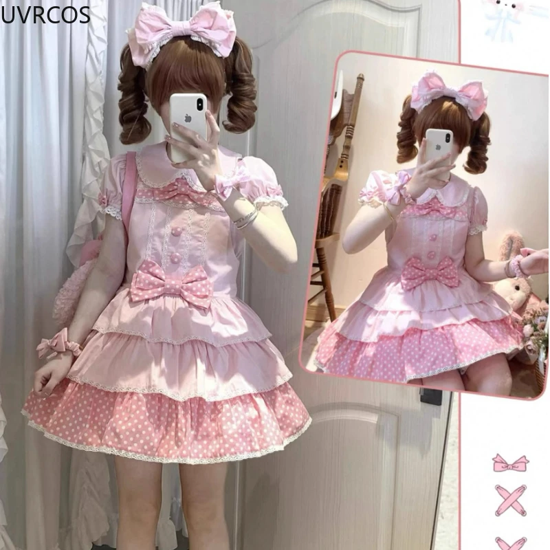 اليابانية Kawaii لوليتا نمط فستان مجموعة المرأة الحلو بيتر بان طوق نفخة الأكمام قمصان القوس حزام فساتين Y2k قطعتين مجموعات 2025 #5