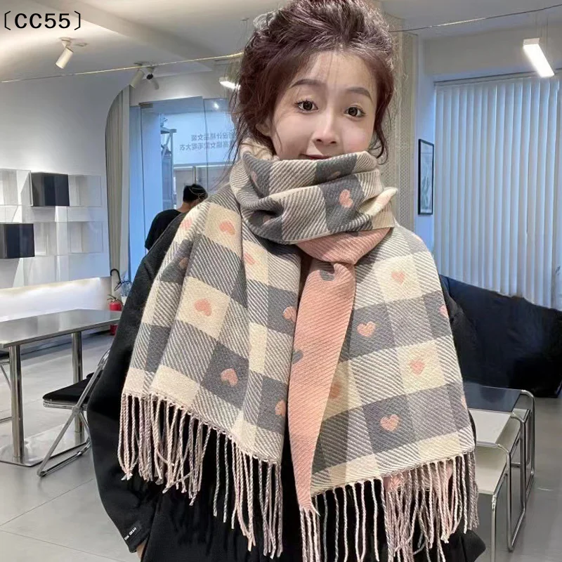 Autumn And Winter Scarf For Women Knitted Heart-shaped Plaid Cute Girls Winter Scarf College Fashion Casual Shawl Scarf〔CC55〕