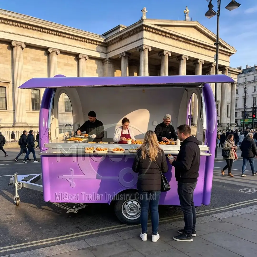 

Cute Purple Curved Mini Food Trailer Custom Logo Mobile Cart for Smoothie Dessert Amusement Park & Street Business