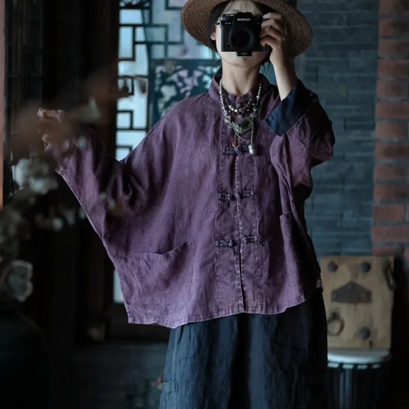 

Женский льняной пиджак большого размера премиум-класса, винтажная повседневная весенне-осенняя куртка свободного покроя, однобортное короткое пальто в стиле бохо больших размеров