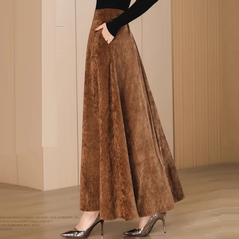 2024 Autumn and Winter Brown Solid Color Retro Casual A-line Woolen Slim Fit Women's long skirt for Womens ladies skirt