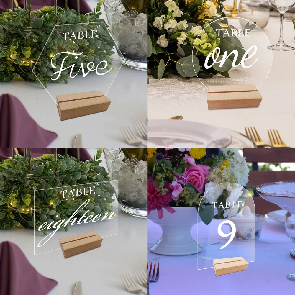 

Blank Acrylic Wedding Table Number with Stand, Clear Acrylic Sign Placing Card Holder, Premium Wood Stand, Party Menu Sign