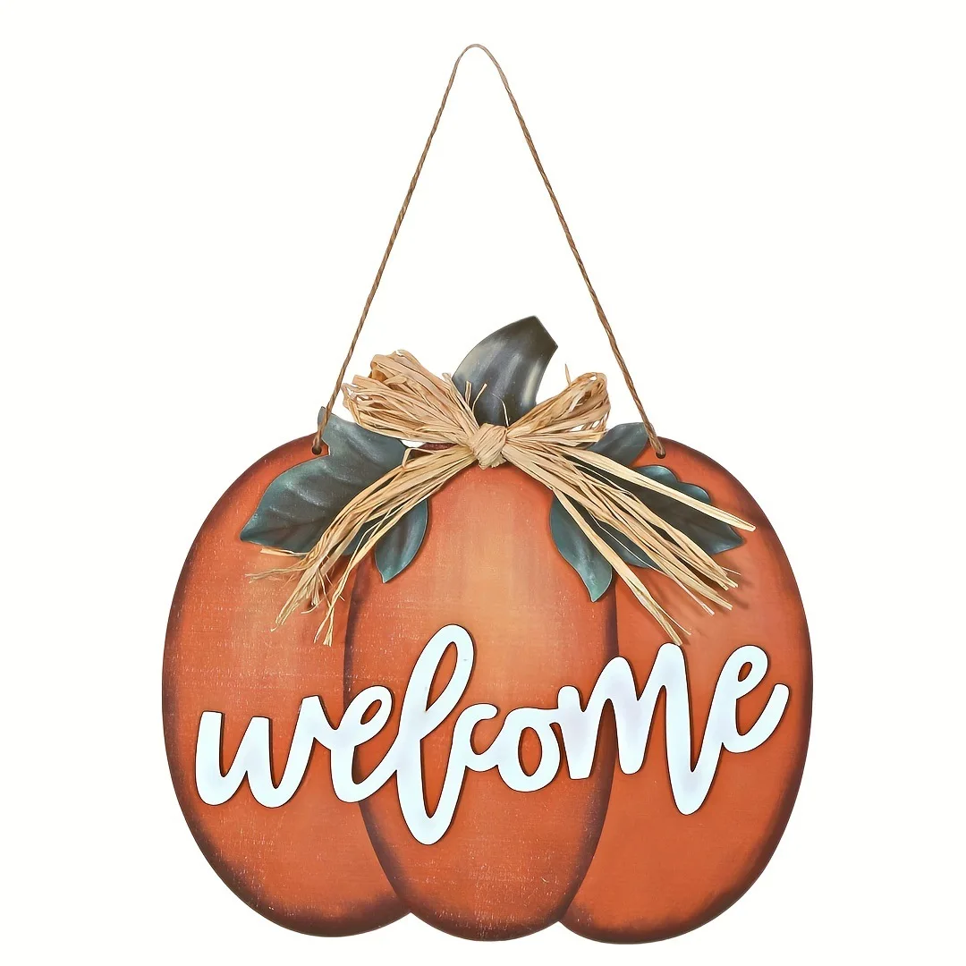 Thanksgiving Pumpkin Hanging Pendant Wooden Orange Pumpkin Shape Welcome Front Door Fall Thanksgiving Decoration