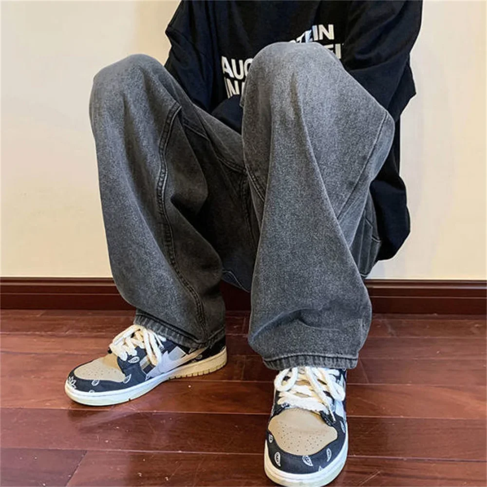 Męskie luźne jeansy spodnie dżinsowe czarne szerokie nogawki spodnie męskie jeansy spodnie cargo męskie koreański streetwear hip hop harajuku