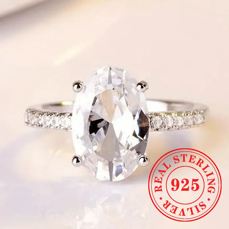 Huitan Brilliant Oval CZ 925 Sterling Silver Rings for Women Swanking Simple Wedding Band Jewelry Charms Attractive Accessories