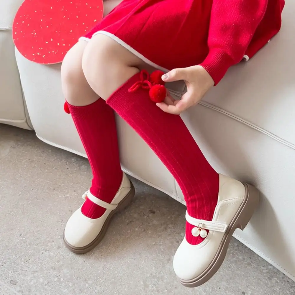 Casual Middle Tube New Year Red Socks Thicken Sweet Bow Hosiery for Kids Princess Cotton Children Long Socks Autumn