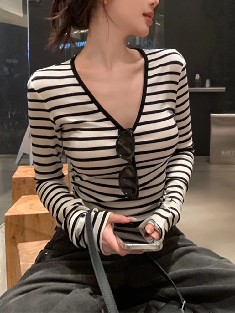Clássico bla listras brancas longo sve camiseta feminina v-ne fino ajuste camada base superior coreano sle commute faion