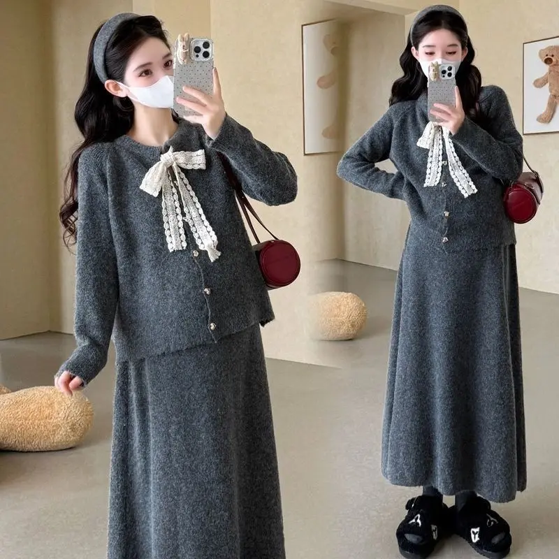 2PCS/SET Lace-up Knitting Vintage Sweater Long Sleeve Buttons Tshirt Ribbed Cardigan A Line Midi Skirt Winter Suit Ropa De Mujer