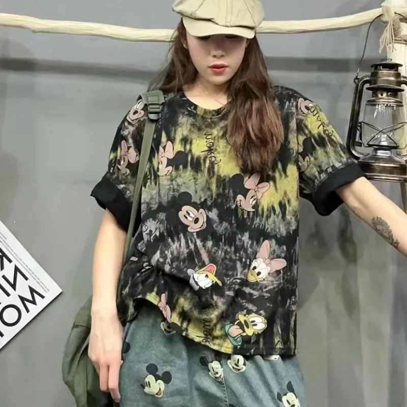 

Retro Fashion Oversized T Shirt Pure Cotton Graphic T Shirts Summer New Cartoon Mickey Minnie Print Short Sleeved Harajuku Tops