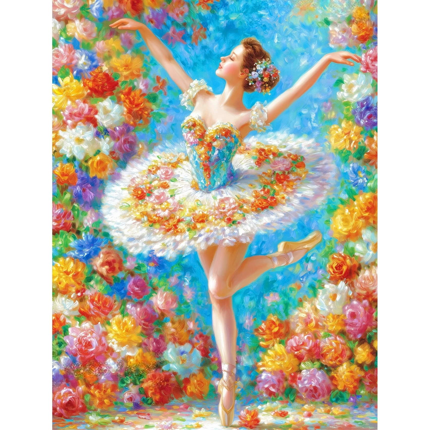 Pintura de diamantes de la mujer bailando ballet entre las flores, mosaico hecho a mano, obra de arte con diamantes completos para principiantes, regalo, decoración del hogar