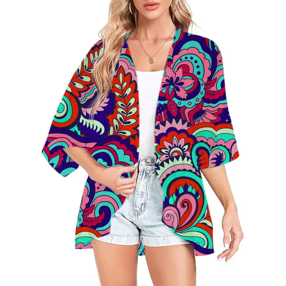 2024 Cardigans Women Beach Tops Fashion Middle Sleeve Printed Chiffon Loose Easy Coats Large Size Thin Coats Beach Cover Ups