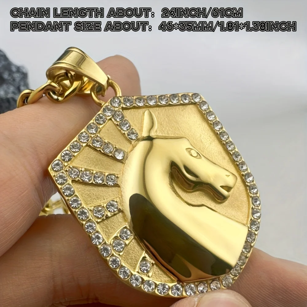 Horse Head Shield Shape Medallion Pendant Necklace,316L Stainless Steel Gold Color Inlaid Rhinestones Vintage Hip‑hop Jewelry