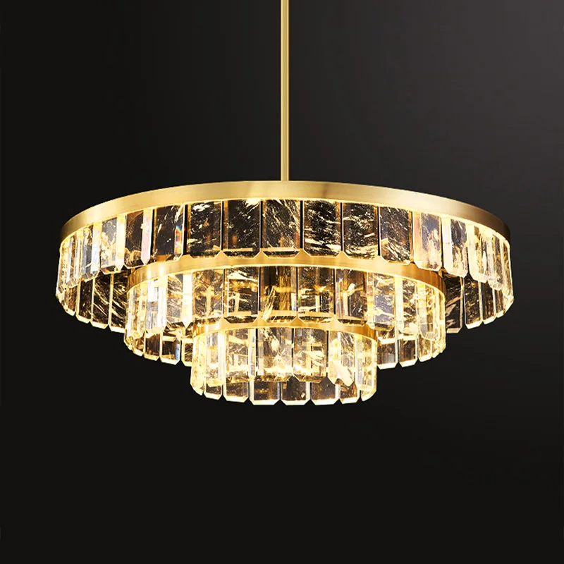 Modern Luxury Brushed Gold 3-Tier Ice Cracked Crystal Ring Chandelier Pendant Light for Dining Living Room Entryway Decor.