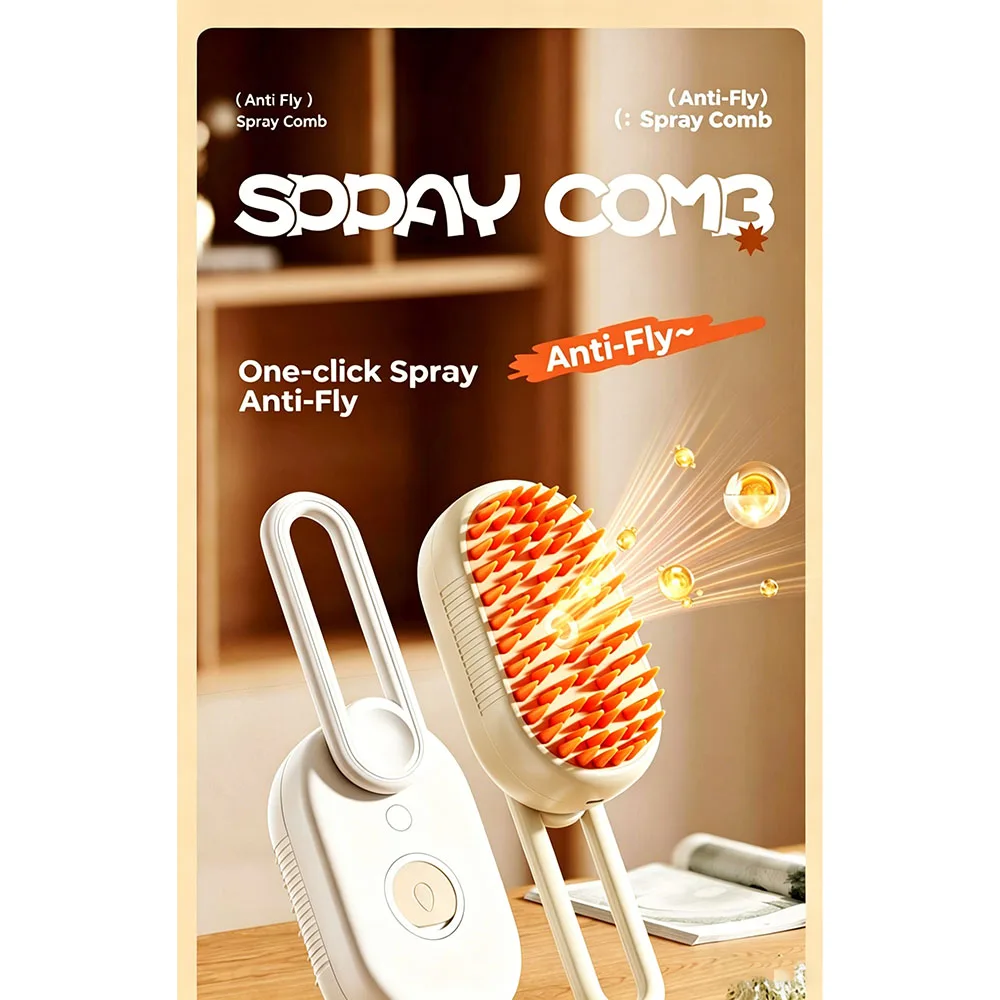New Pet Spray Comb for Cats and Dogs Pet Electric Spray Hair Removal Comb One Key Spray Anti-Flying Massage Brush, Clean Massage