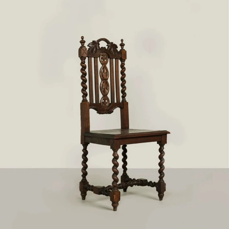American dining chair medieval leisure chair back chair solid wood braided rattan carved retro old light luxury villa furniture