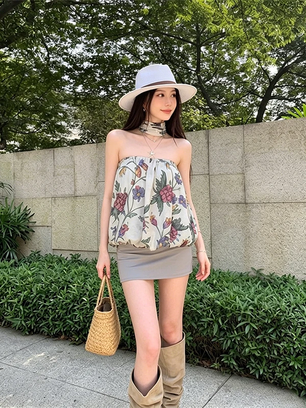

Korean Style Floral Print Crop Top And High Waist Pants Two Piece Set for Women Summer Slimming One Shoulder Design