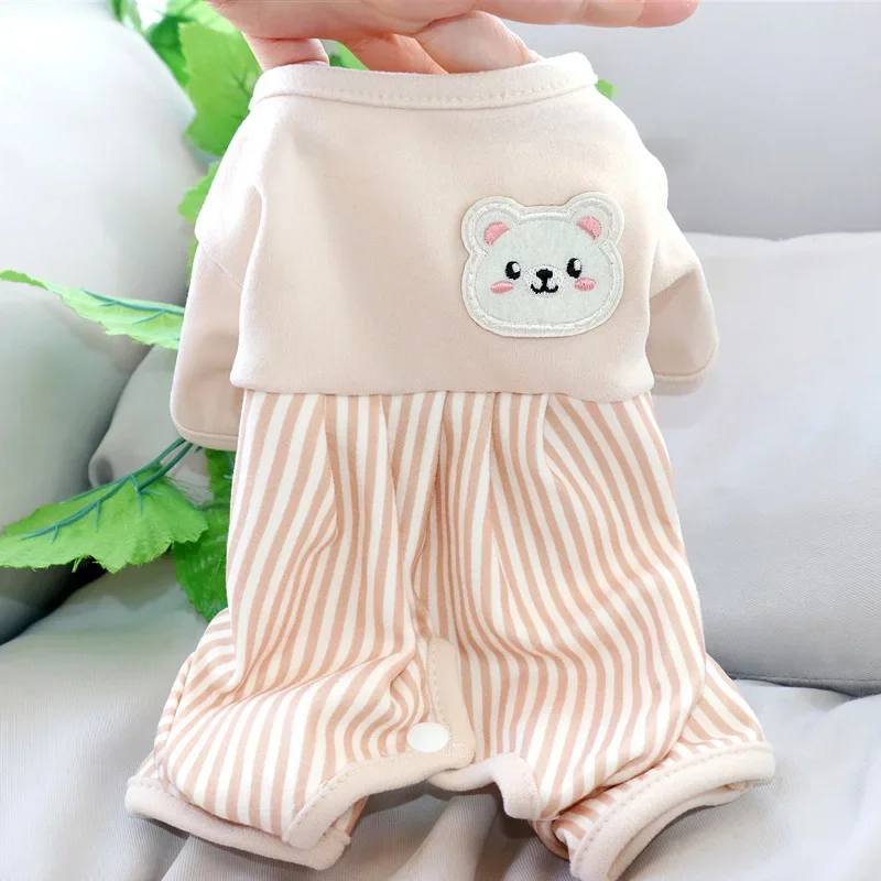 Pet Striped Jumpsuit Autumn Winter Medium Small Dog Clothes Protect Abdomen Pullover Kitten Puppy Cute Pajamas Yorkshire Poodle