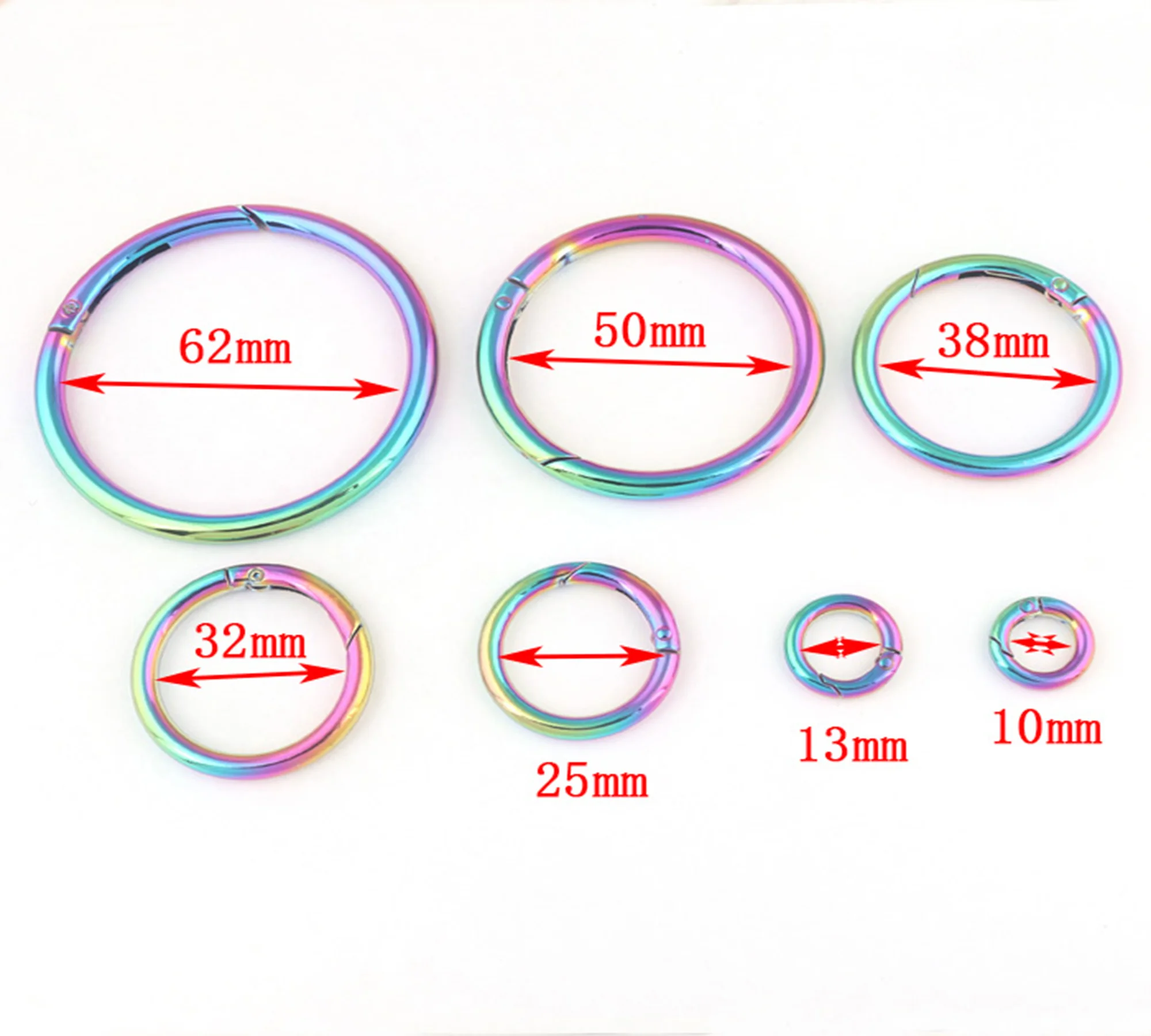 Rainbow Spring O Ring 10 13 25 32 38 50 62 MM Round Metal Push Gate Snap Hook Trigger Lobster Clasp Clip Purse Bag Handbag