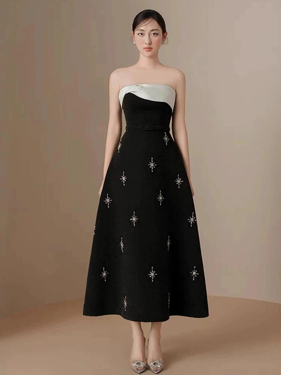 

Ele Long Svel Ball Gown Dr High Waist Crystal Beaded Contrast Color Slimming Wrap Wedding Par Evening Gown