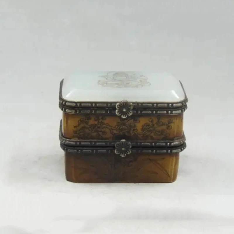 Vintage Handmade Old Artificial Bone Jade Buddha & Bird Double Jewelry Box