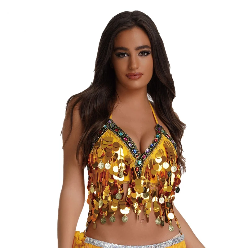 Belly Dance Sequins Bra Top Coin Decor Tops Halter Neck Tank Vest For Women Tassel Stage Performance Lady Shiny Tops Accessories