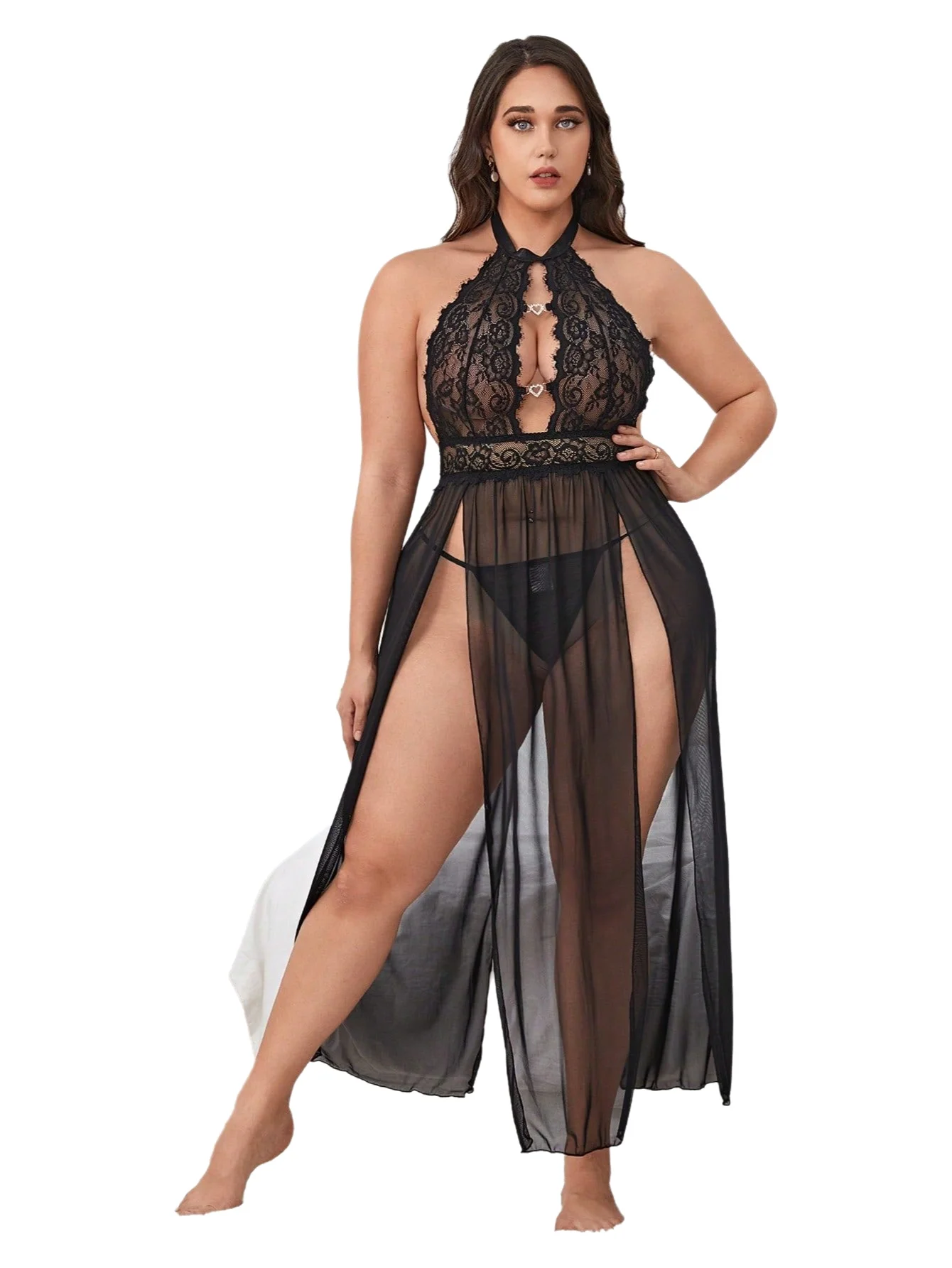 

New Sexy Lingerie Set With Mesh And Halter Long Dress Sexy Lace Nightgown High Slit See-Through For Romantic Party Gown D318
