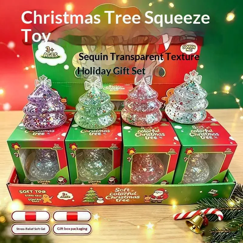 Cute Clear Sequins Santa Christmas Tree Maltose Toy Decompression Squeeze Toy Xmas Desktop Ornament Gift