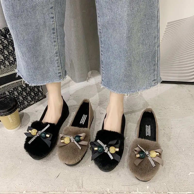 Bow Knot Fur Loafers Warm Plush Winter Women Shoes Woman Flats Pearl Furry Moccasins Ladies Shoes Creepers Loafers Plus Size 41