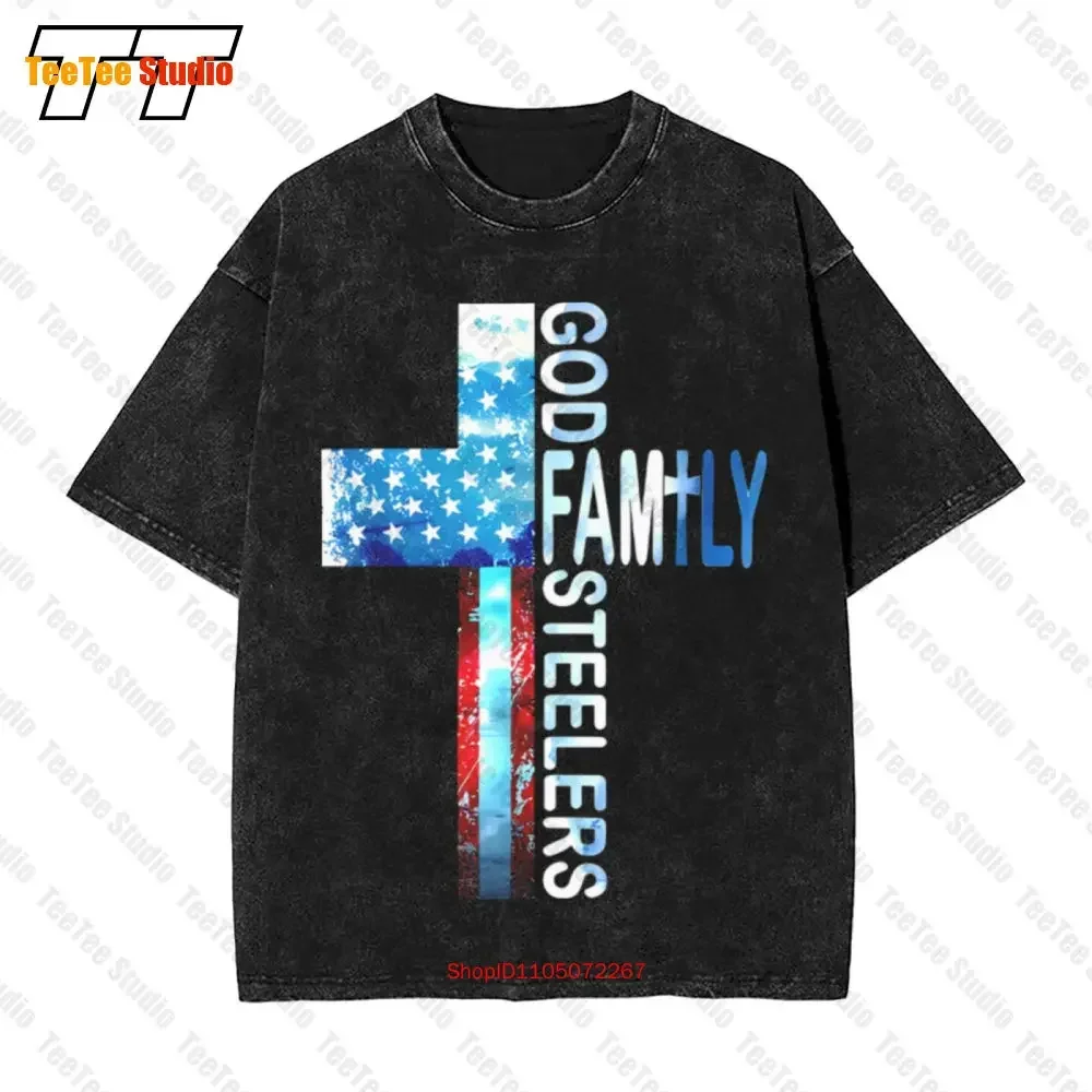 God Family Steeler Faith Cross American Flag Tee Vintage Oversized T-Shirt 735C
