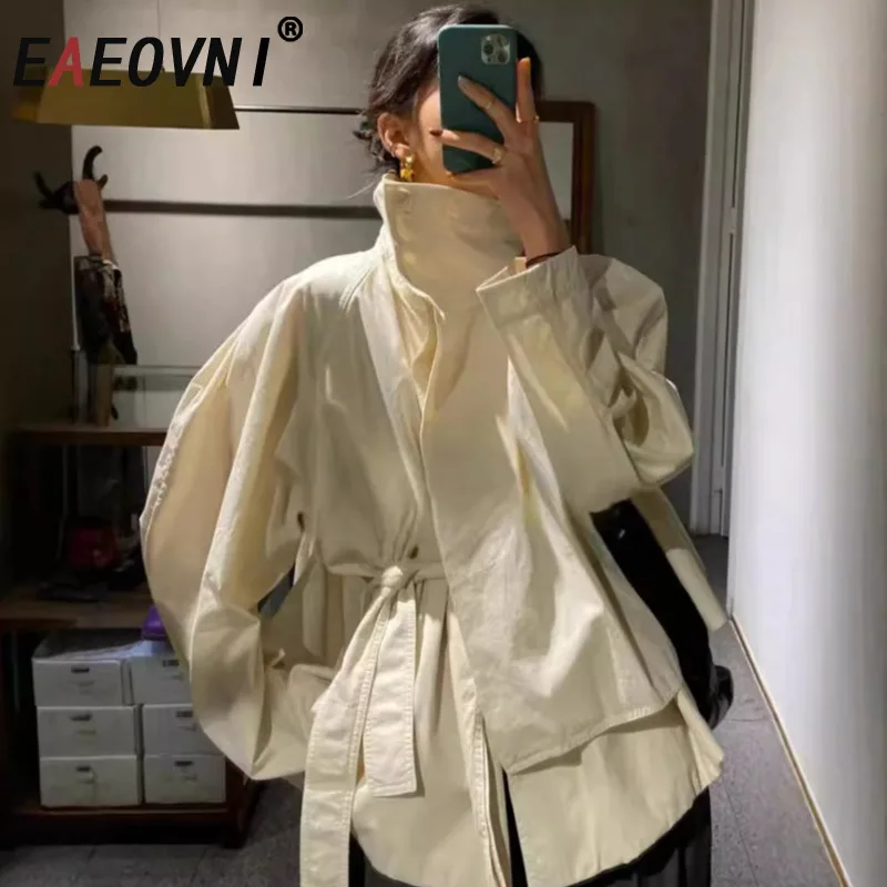 

EAEOVNI Temperament Women Short Jacket Solid Stand Collar Patchwork Design Lace-up Gathered Waist Coat Streetwear Autumn New