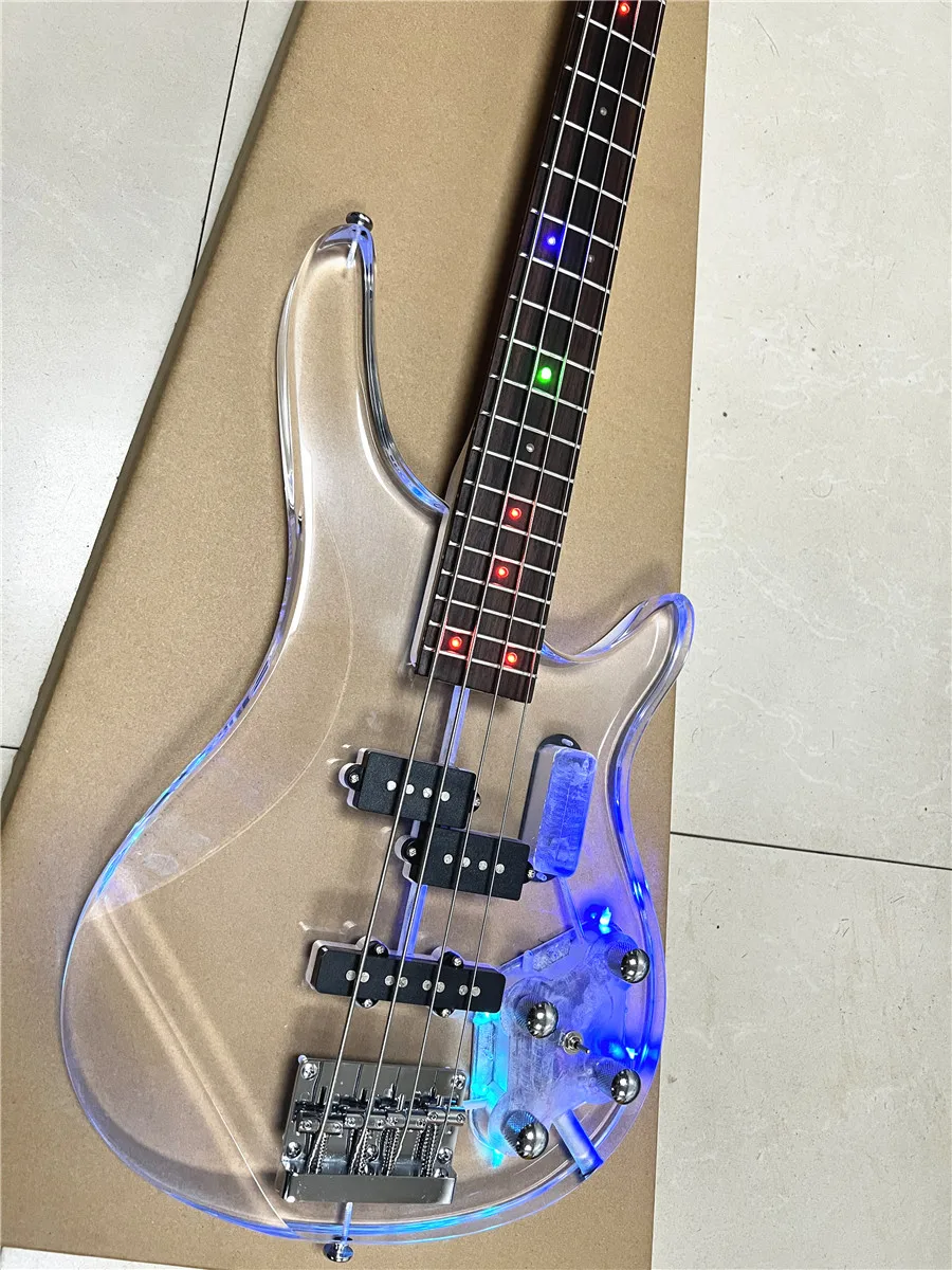 High quality crystal clear acrylic Plexiglas 4-string electric bass multi-color led lights flashing Free shipping