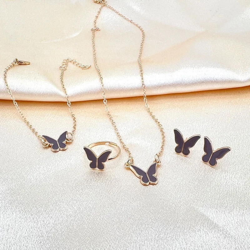 5-teiliges Emaille-Schmuckset mit bunten Schmetterlingsanhängern, Armband, Ohrringen für Damen, romantische Kettenhalskette, Hochzeitsfeier-Charms – Detail 13