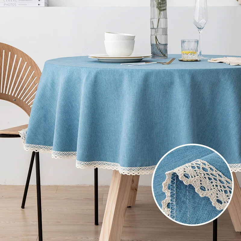 

Waterproof Spill-Proof Round Table Cloth Blue Solid Color Soft Wrinkle Free Table Cover for Kitchen Party Wedding Decoration