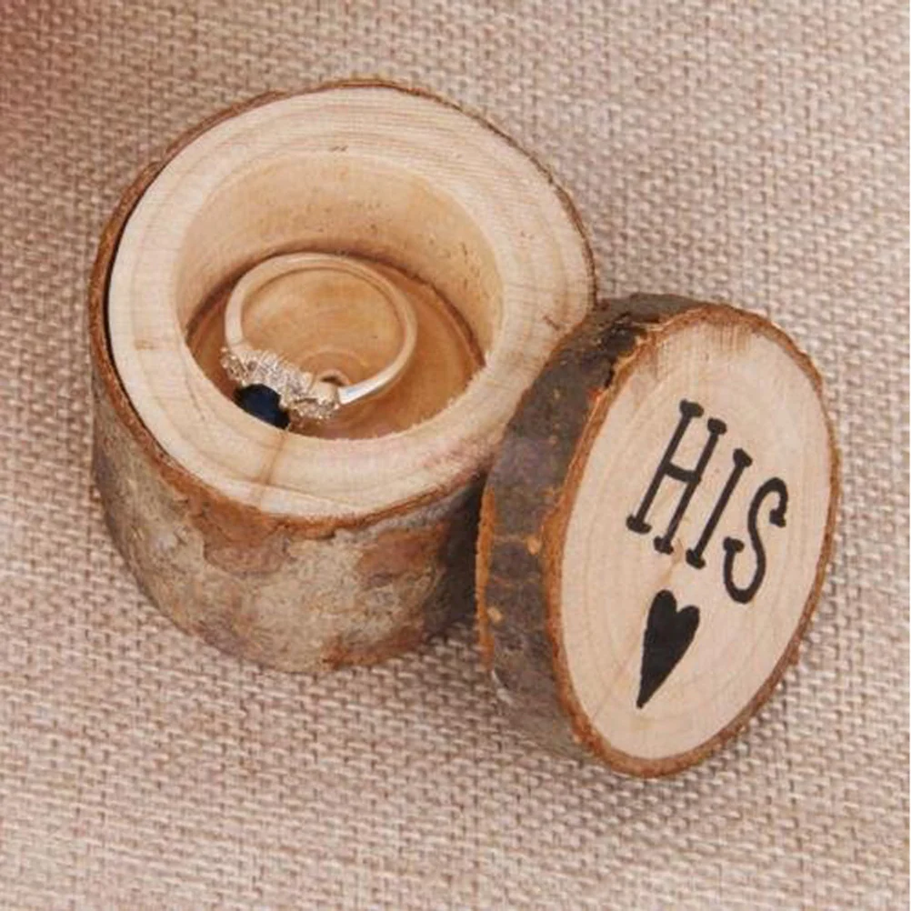 

2pcs Wooden Ring Box 6Cm Diameter 5Cm Height Natural Color Vintage Chic Design For Rustic Wedding Ceremony Hers&His