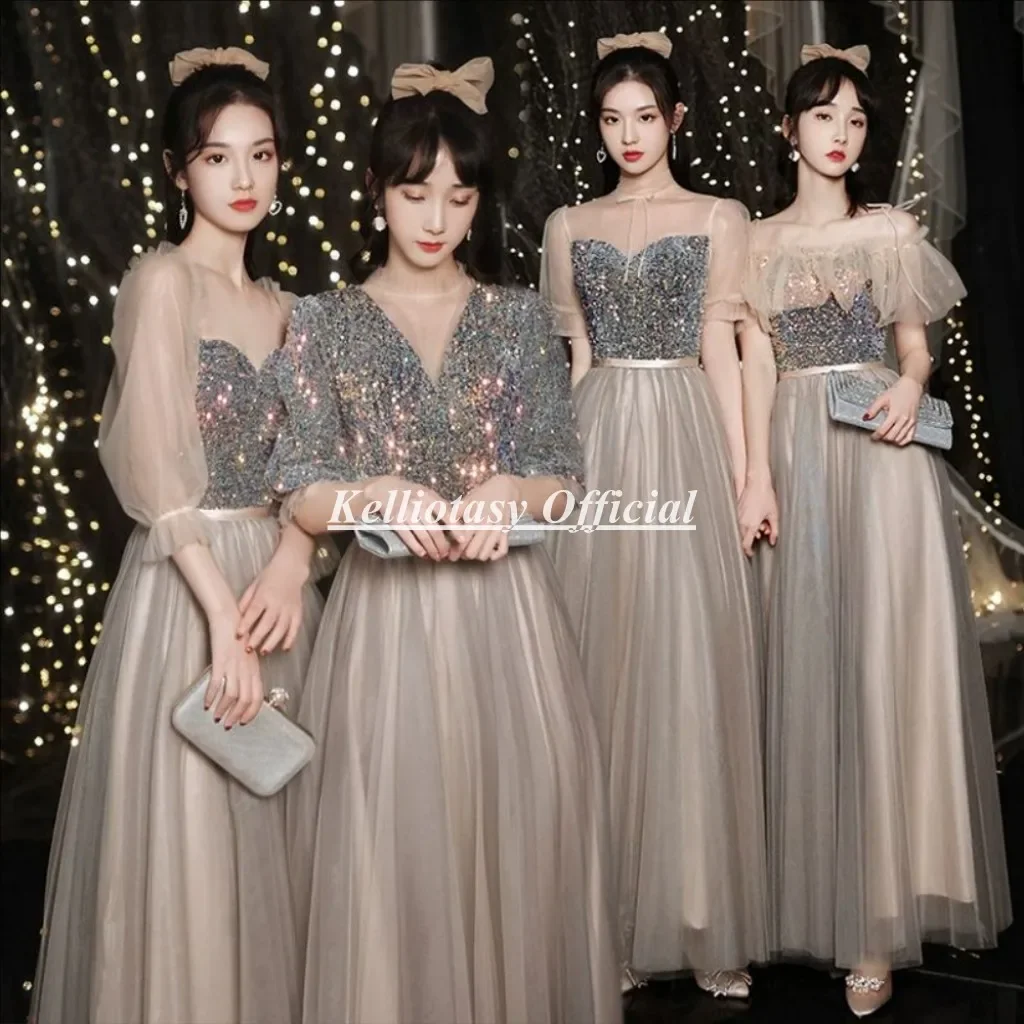 

Customized Long Bridesmaid Dresses Gray Color Modern Fashion Bridesmaid Group Dress Wedding Guest Gown For Woman