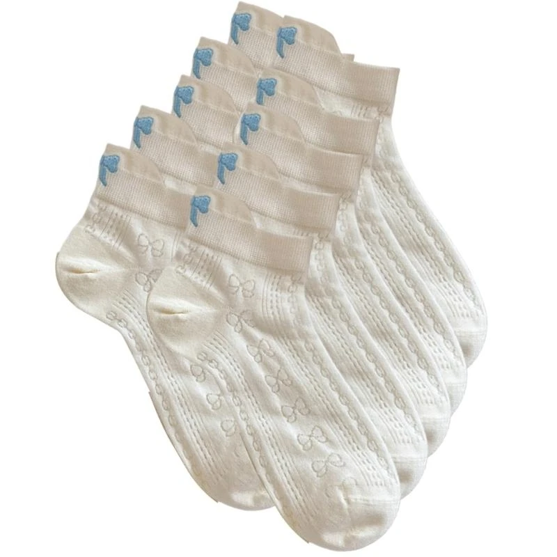 

5 Pairs Women Embroidery Bowknot Short Boat Socks Hollowed Cotton Comfortable Thin Breathable Mesh Low Cut Ankle Socks 15UB