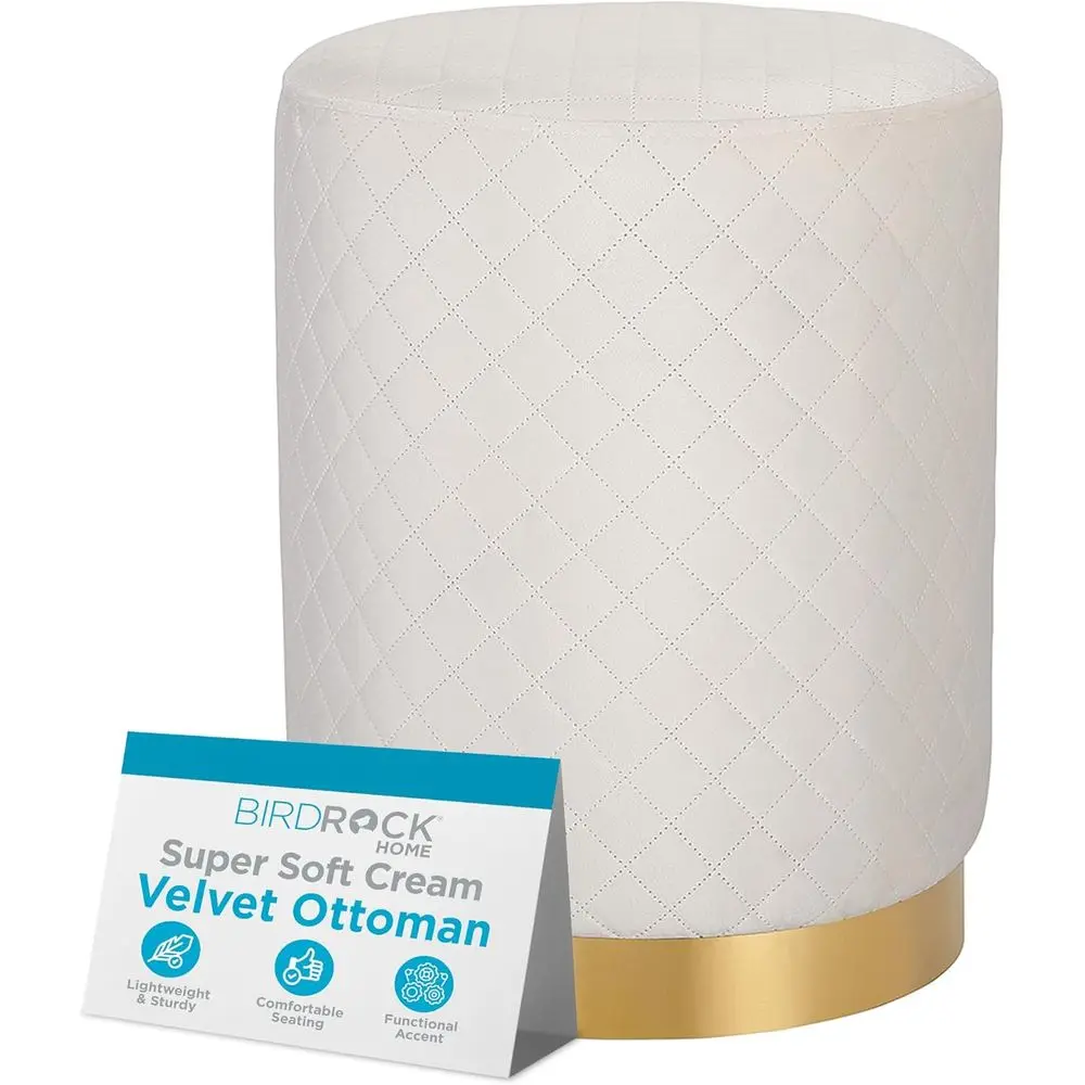 

Велюровый круглый пуф-оттоманка с решетчатым дизайном и золотой отделкой – мягкая подставка для ног для гостиной или спальни – декоративный элемент интерьера