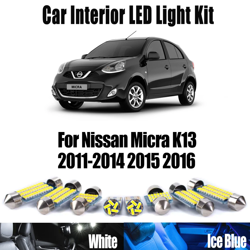 

8 шт. Canbus для Nissan Micra K13 2011-2015 2016 автомобильный светодиодный внутренний купол для чтения карт багажника, комплект освещения номерного знака, автомобильные лампы