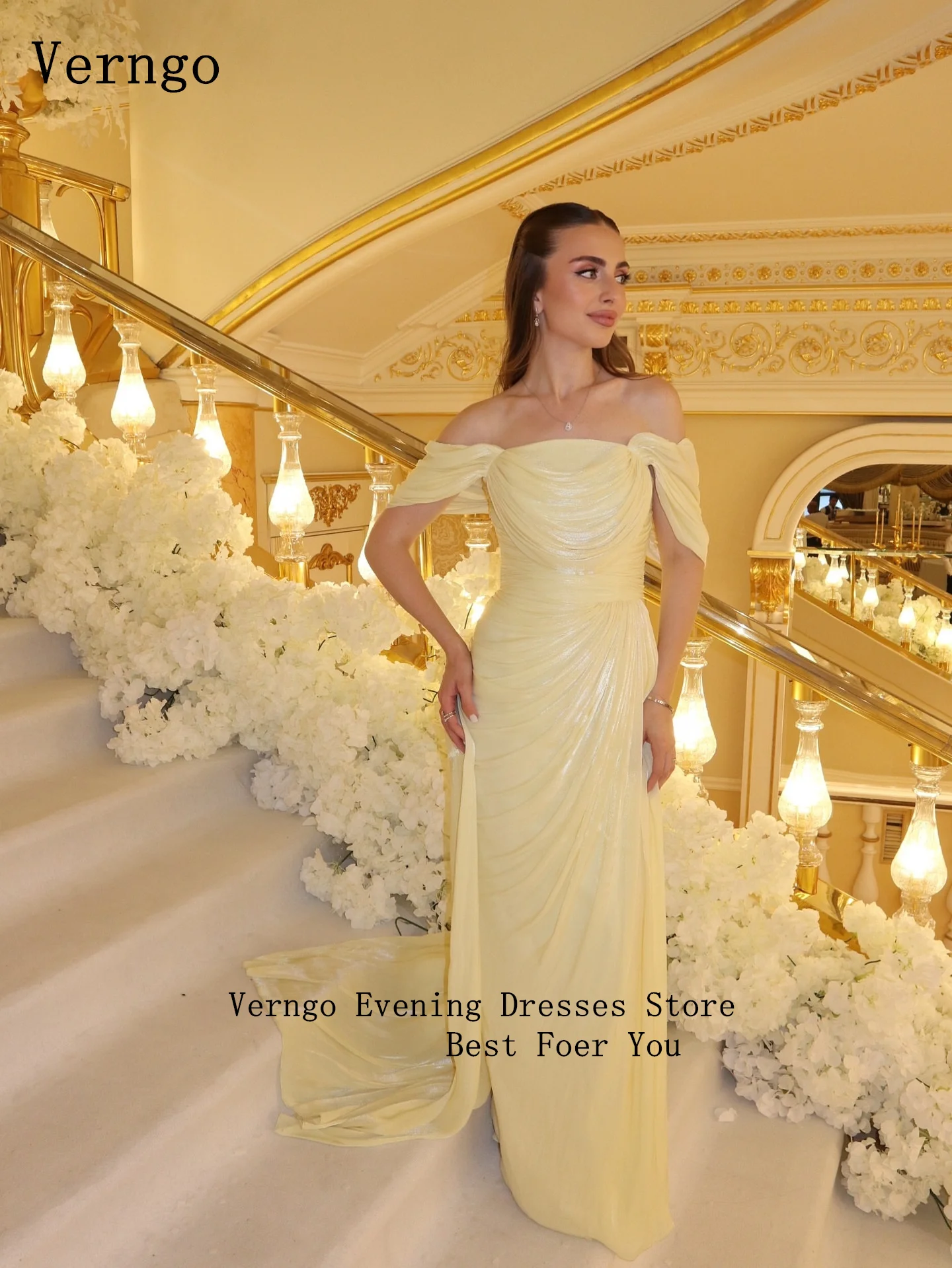 Verngo Abito da sera in raso giallo lucido con spalle scoperte Abiti da cerimonia formale a sirena Organtin Abito da ballo in cristallo personalizzato