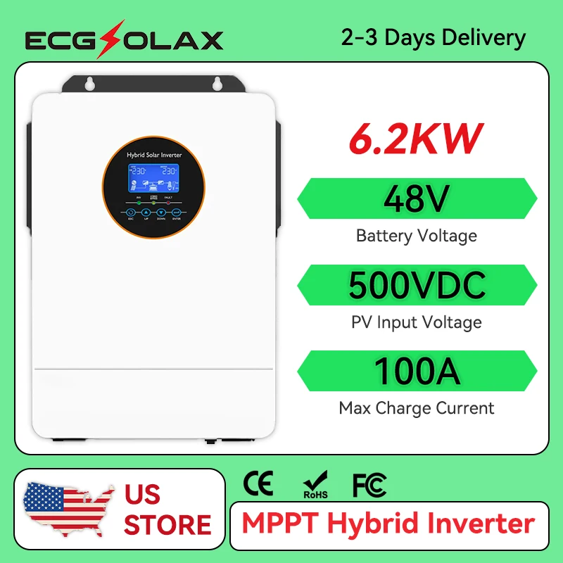 

ECGSOLAX Us 6,2 кВт гибридный солнечный инвертор чистая синусоида 48 В 120 В 240 В воф сетевой инвертор 100A MPPT солнечный разделенный фазовый инвертор