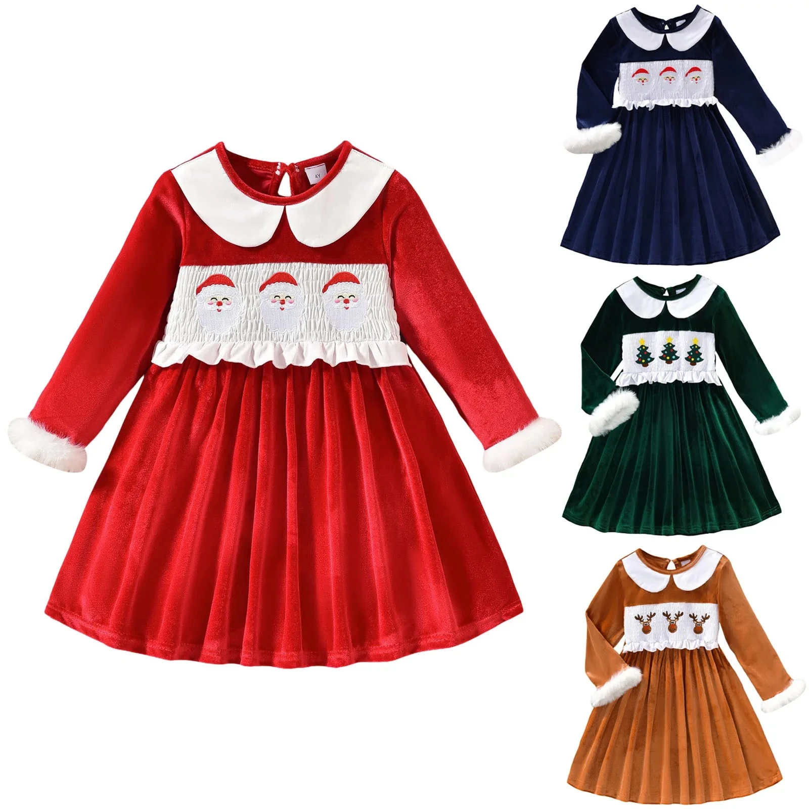 

Baby Girls Christmas Dress Festive Long Sleeve Crew Neck Dresses with Embroidered Reindeer Snowflakes Holiday Costume for Kids