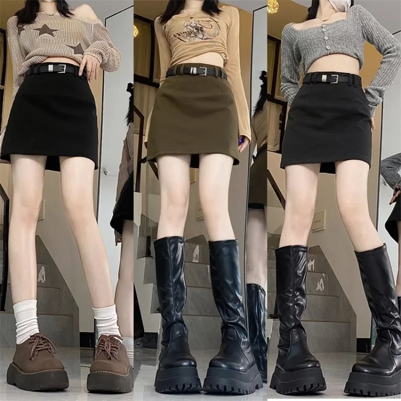 

American Spicy Girl High Waist Woolen Wrapped Hip Skirt Women Short Solid Slim Summer Temperament College A-line Skirt Dressing