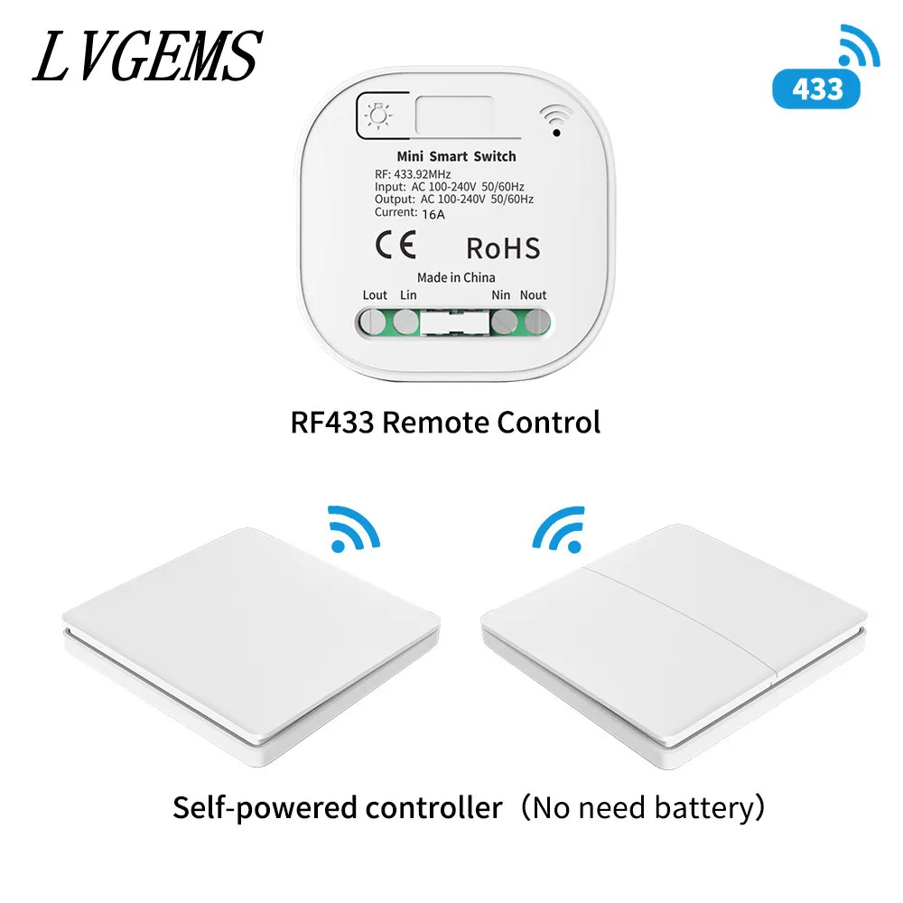 Wireless Remote Control  No Battery RF433Mhz Self-Powered Waterproof Light Switch 16A AC 85V-240V 60HZ/50HZ