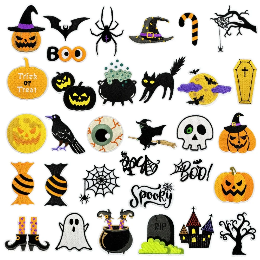 

32 Pieces Halloween Iron on Patches Boo Pumpkin Bat Ghost Sew on Embroidered Applique Repair Patch DIY Crafts Festive Gifts for